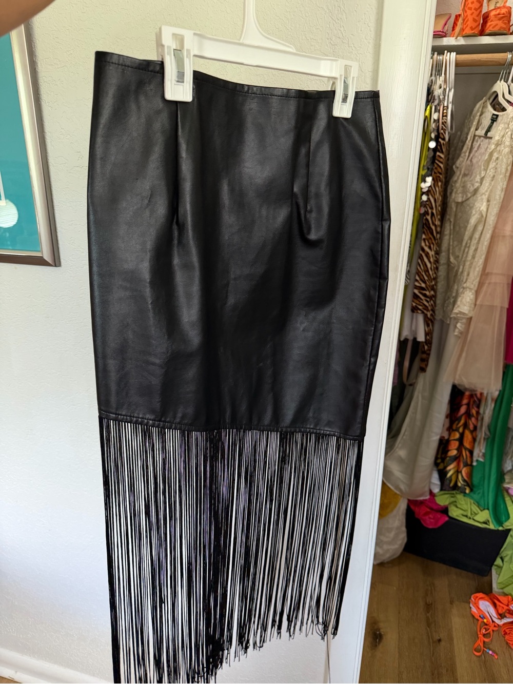 Rehab Black Faux Leather Pencil Skirt with Fringe Hem